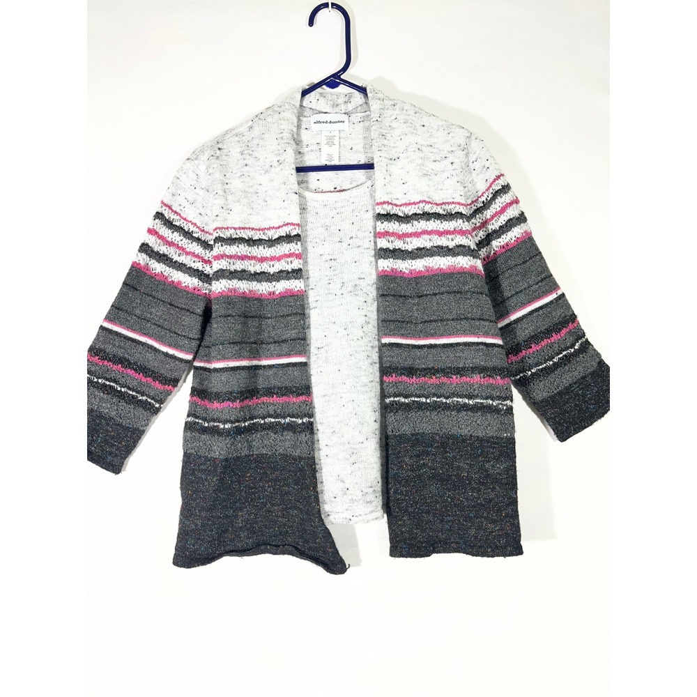 Alfred Dunner Wool Blend Cardigan Sweater Knit Striped Pink Women Gray/Pink Sz L
